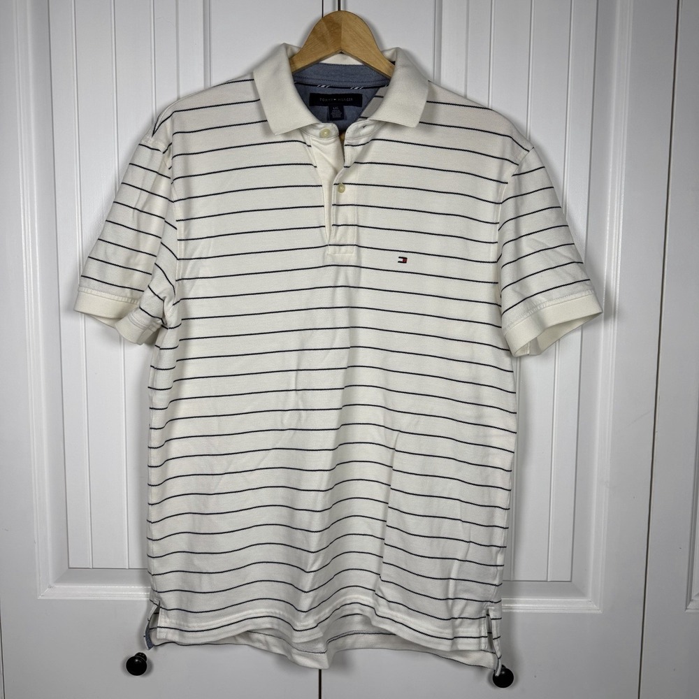 Tommy Hilfiger Regular Fit Cotton Polo T-Shirt Men's Large Blue‎ White Stripe